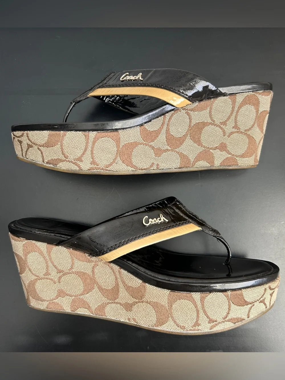 Y2K Coach Jody Black Patent Leather Signature Platform Sandals sz 8